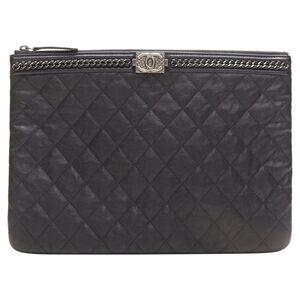 Chanel large boy o case quilted leather chain trim t pouch clutch bag